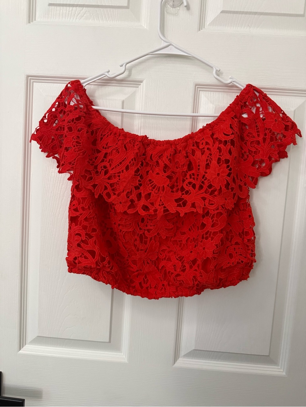 New York & Company Red Lace Off-Shoulder Crop Top